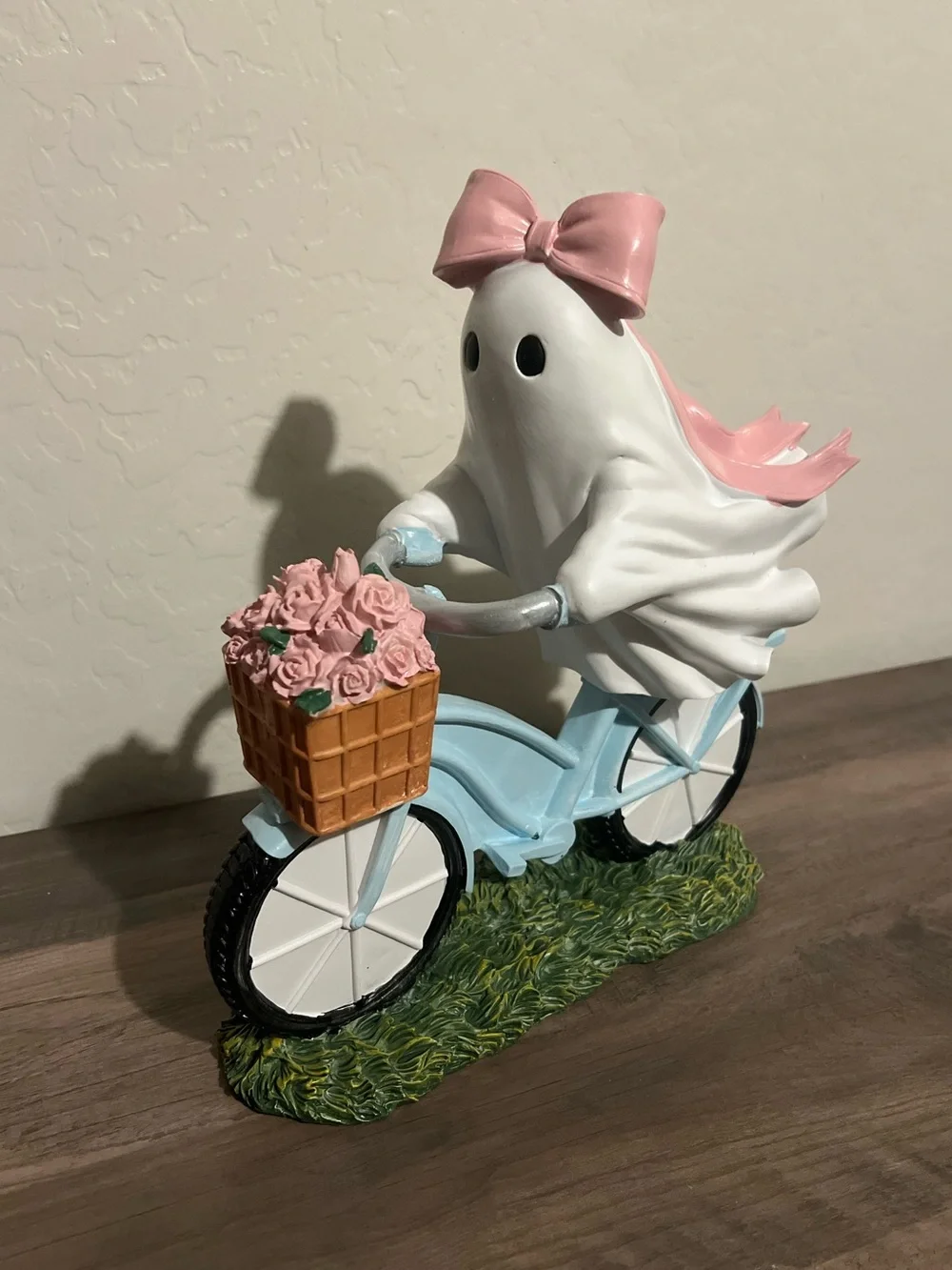 Girl Ghost on Blue Bike with Pink Bow & Basket of Flowers Figurine Halloween